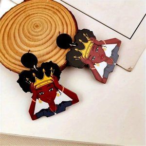 Cartoon African Girl Head Dangle Earrings